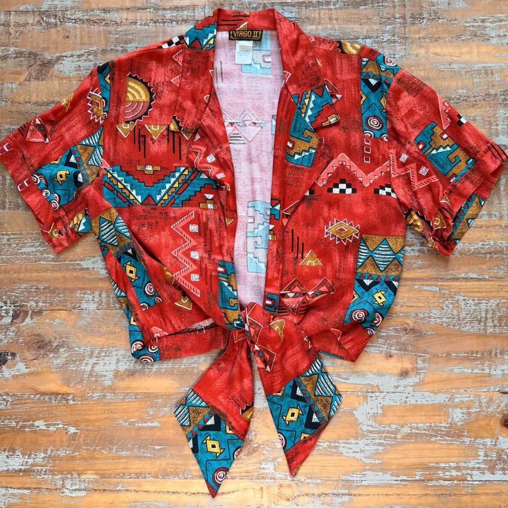 Virgo II Burnt orange tribal tie front crop shirt